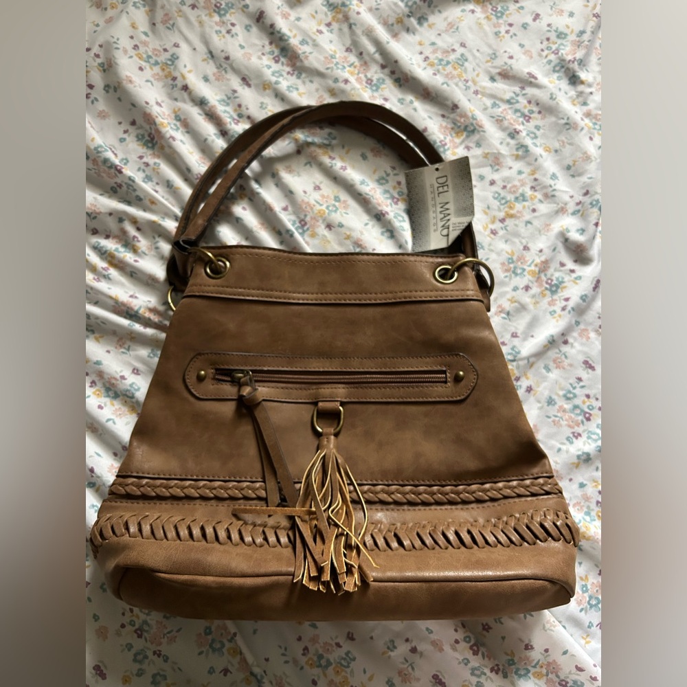 NWT Del Mano Cognac Boho Hobo Bag with Woven Details & Tassel